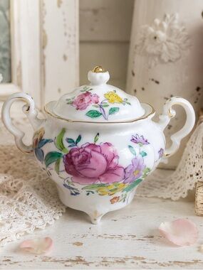 Rosetti Japan Hand Painted Floral Covered Sugar Bowl Vintage Porcelain Trinket